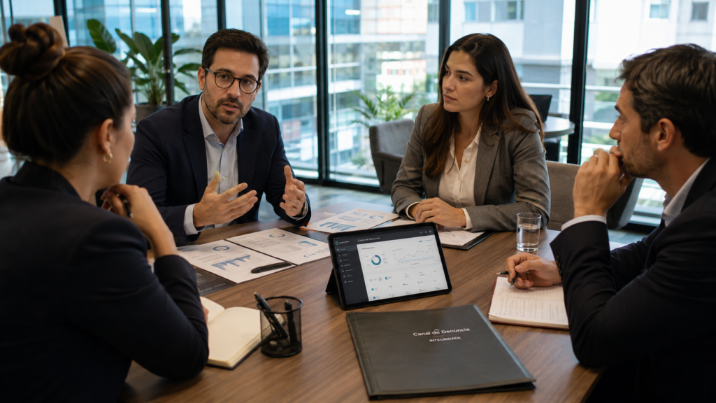 Profissionais analisando política interna, PGR e checklist para implementar canal de denúncia na empresa