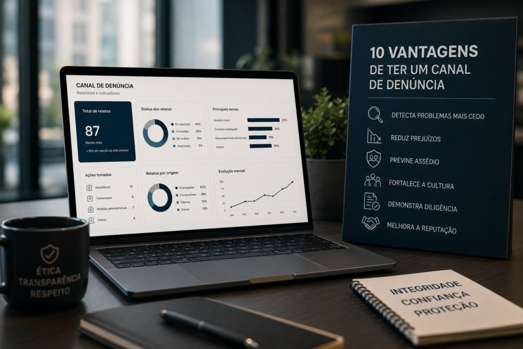 Profissionais analisando as vantagens do canal de denúncia para compliance, prevenção de fraudes e gestão de riscos na empresa